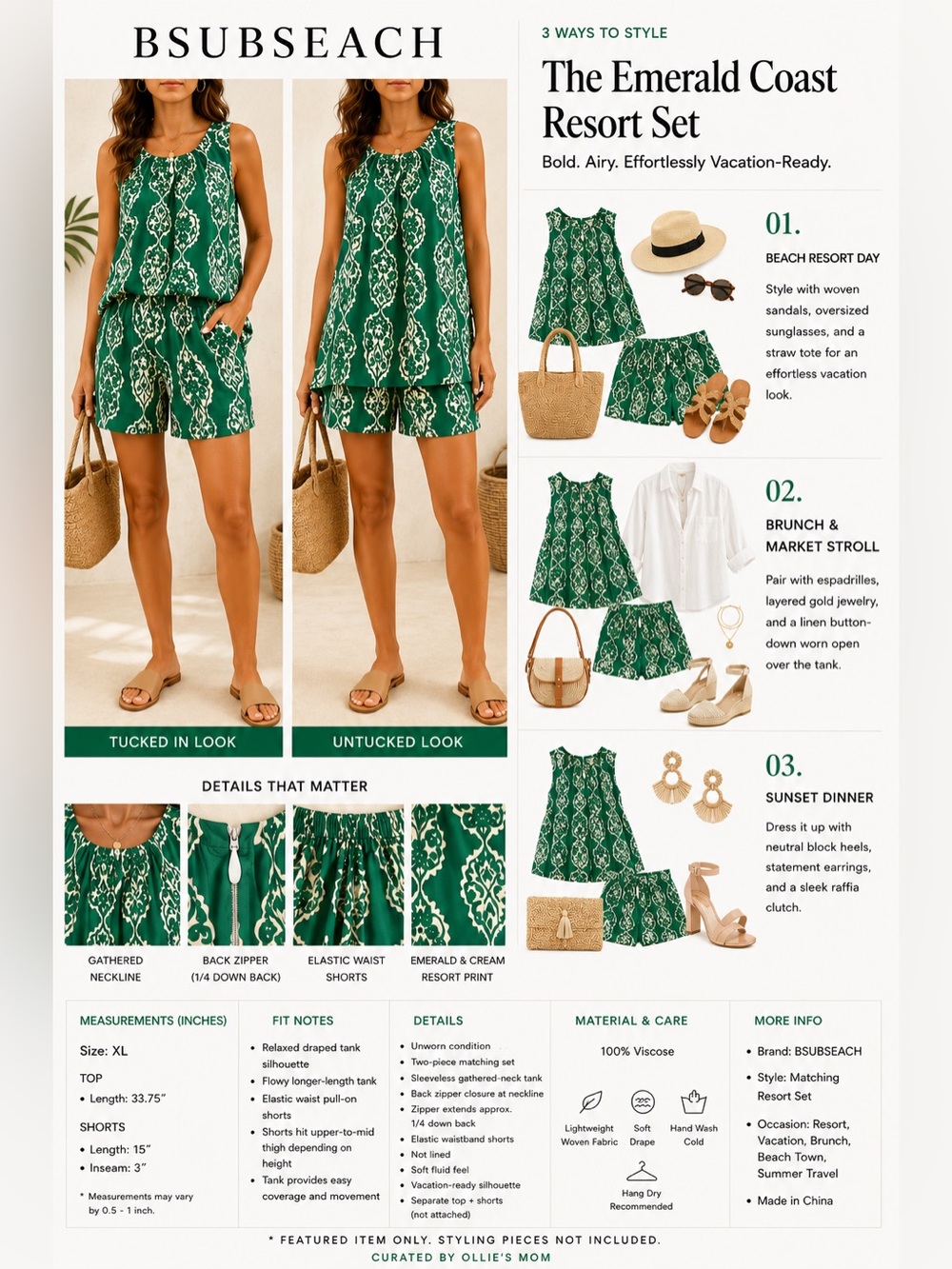 BSUBSEACH Emerald Green Resort Matching Set | XL | 100% Viscose NWOT